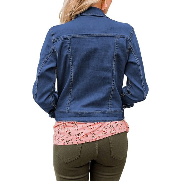 Women's Basic Long Sleeves Button Down Fitted Denim Jean Jacket Blue - Picture 2 of 5